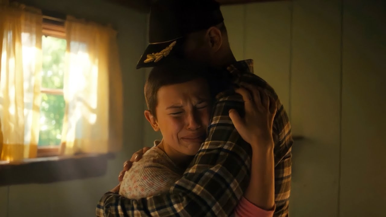 (Left to right) Eleven (Millie Bobby Brown) and hopper (David Harbour) reuniting. Stranger Things episode 409