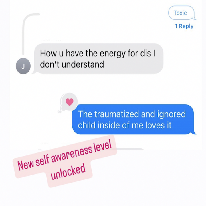screenshot of the texts that megan adds "new self awareness level unlocked" on instagram