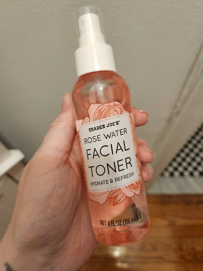 a bottle of trader joe's rose water facial toner