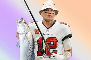 Tom Brady in uniform, holding a fishing rod