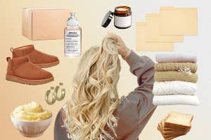 The back of a woman's head and clean, cozy, pale objects including folded sweaters, bread, earrings, perfume, and candles