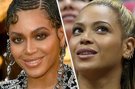 Beyoncé wears a black blazer dress covered in gemstones with chandelier earrings and braided pin curls. She also appears in a brown jacket with gold hoop earrings.