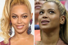 Beyoncé wears a burgundy dress with matching chandelier earrings. She also appears in a brown outfit with small gold hoop earrings going up her ear.