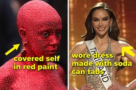 Doja Cat wears a red dress with Swarovski crystals. Miss Thailand wears a dress made from soda can tabs.