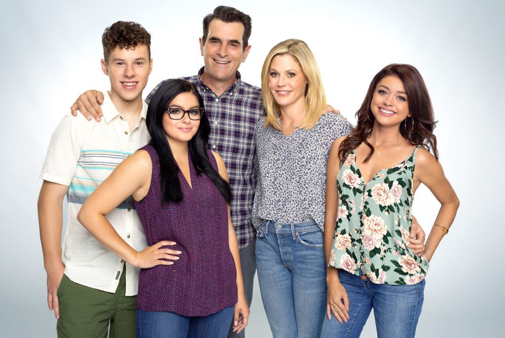 Modern Family stars Nolan Gould as Luke Dunphy, Ariel Winter as Alex Dunphy, Ty Burrell as Phil Dunphy, Julie Bowen as Claire Dunphy and Sarah Hyland as Haley Dunphy