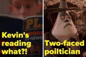 On the left is Kevin reading his brothers Playboy and on the right is the Mayor Halloween Town