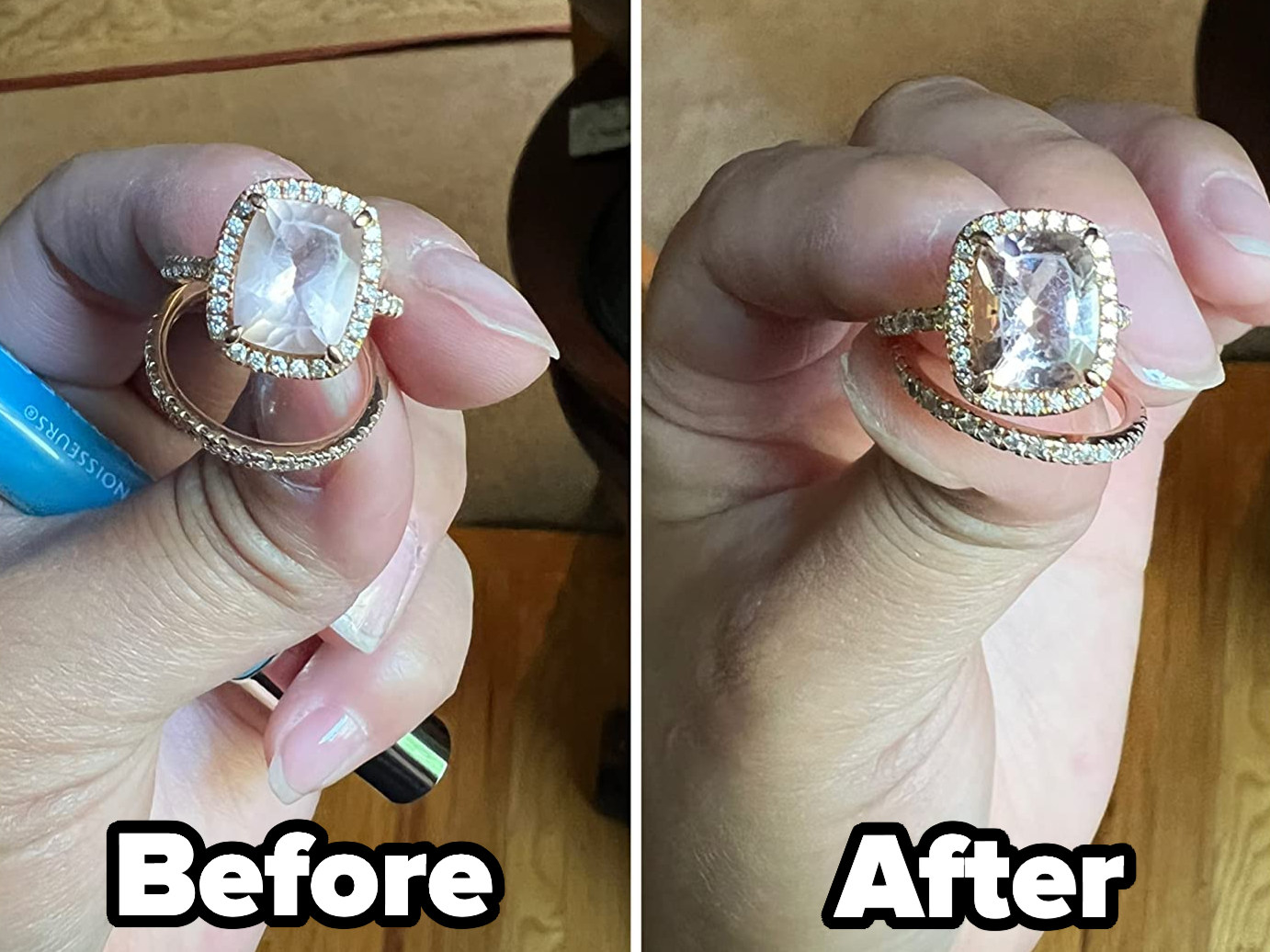 L:  a reviewer holding a cloudy diamond ring labeled 