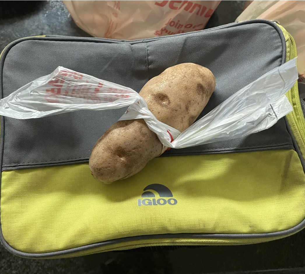A plastic bag tied around a potato
