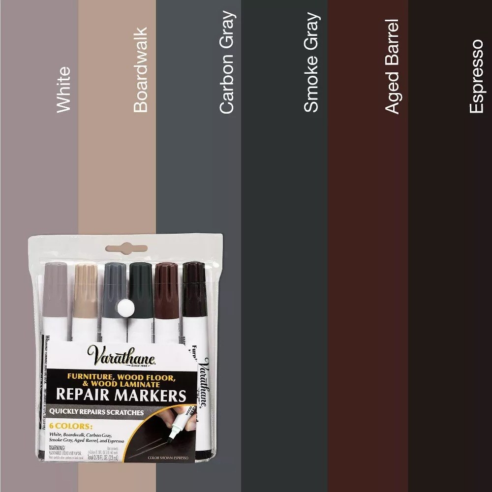 The set of six markers and their corresponding colors: white, boardwalk, carbon gray, smoke gray, aged barrel, and espresso