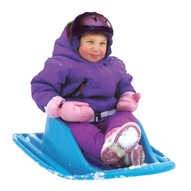 Toddler riding in blue sled