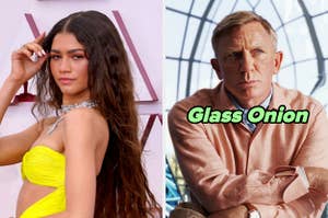 On the left, Zendaya, and on the right, Daniel Craig as Benoit Blanc in Glass Onion