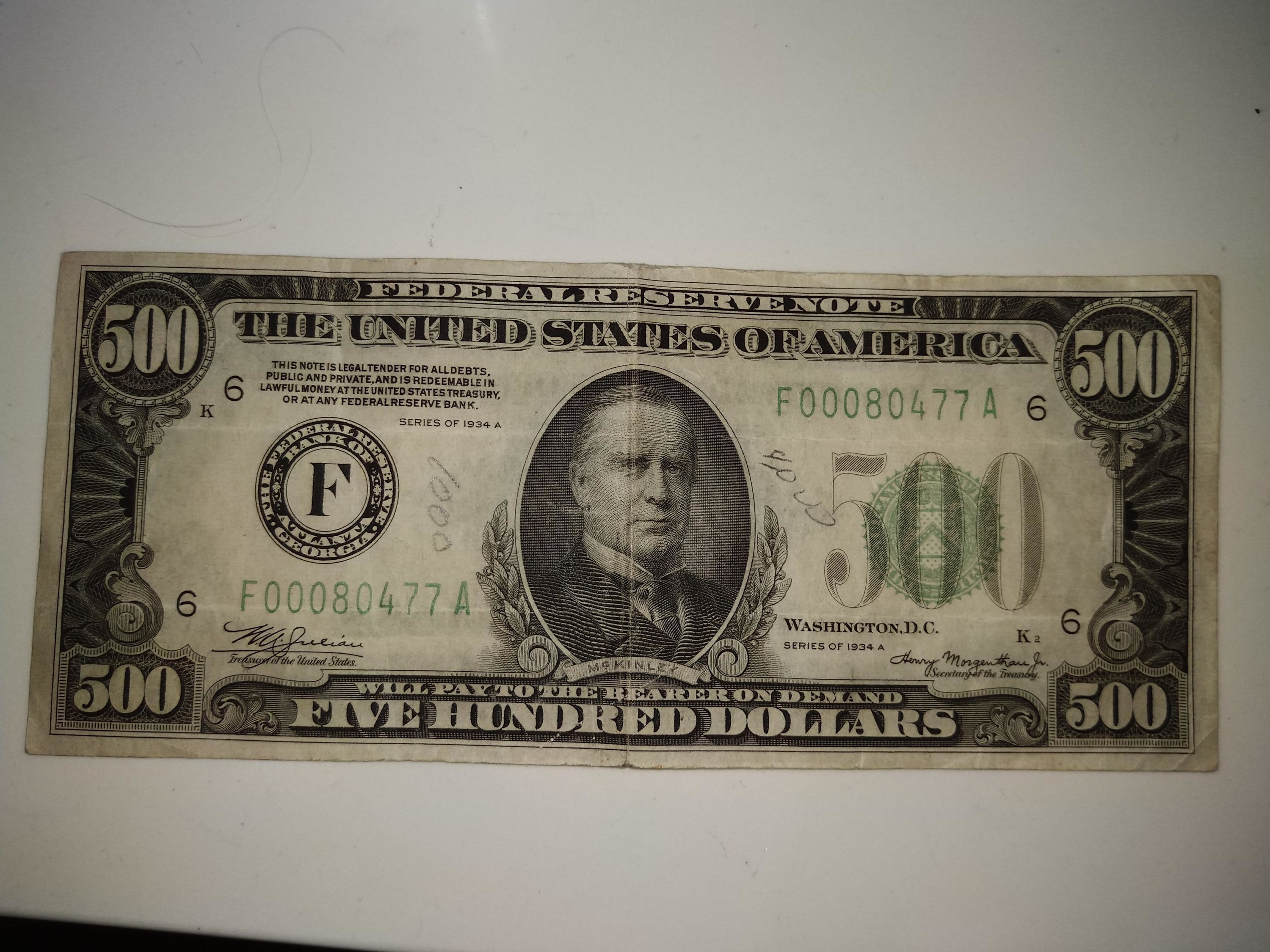 an old 500 dollar bill with William McKinley on it