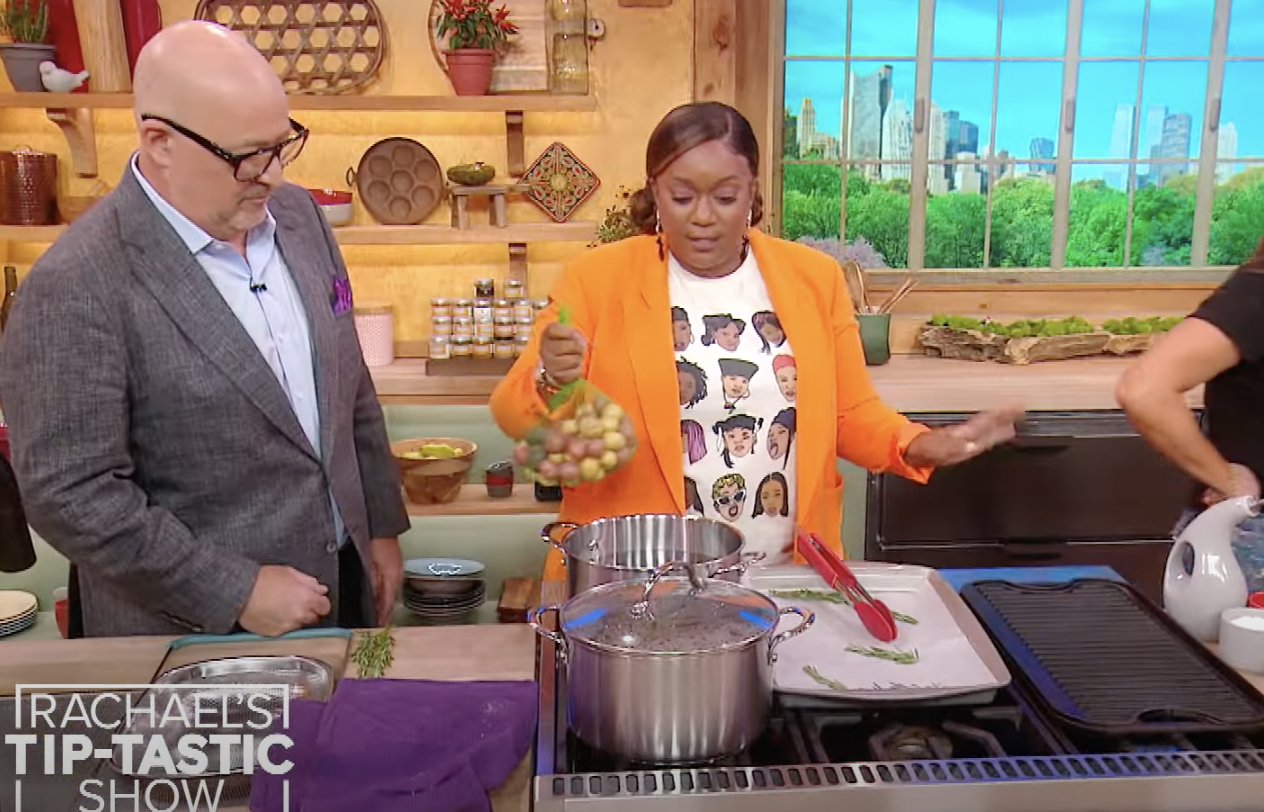 chef anderson adding potatoes to a pot of water during a tv show
