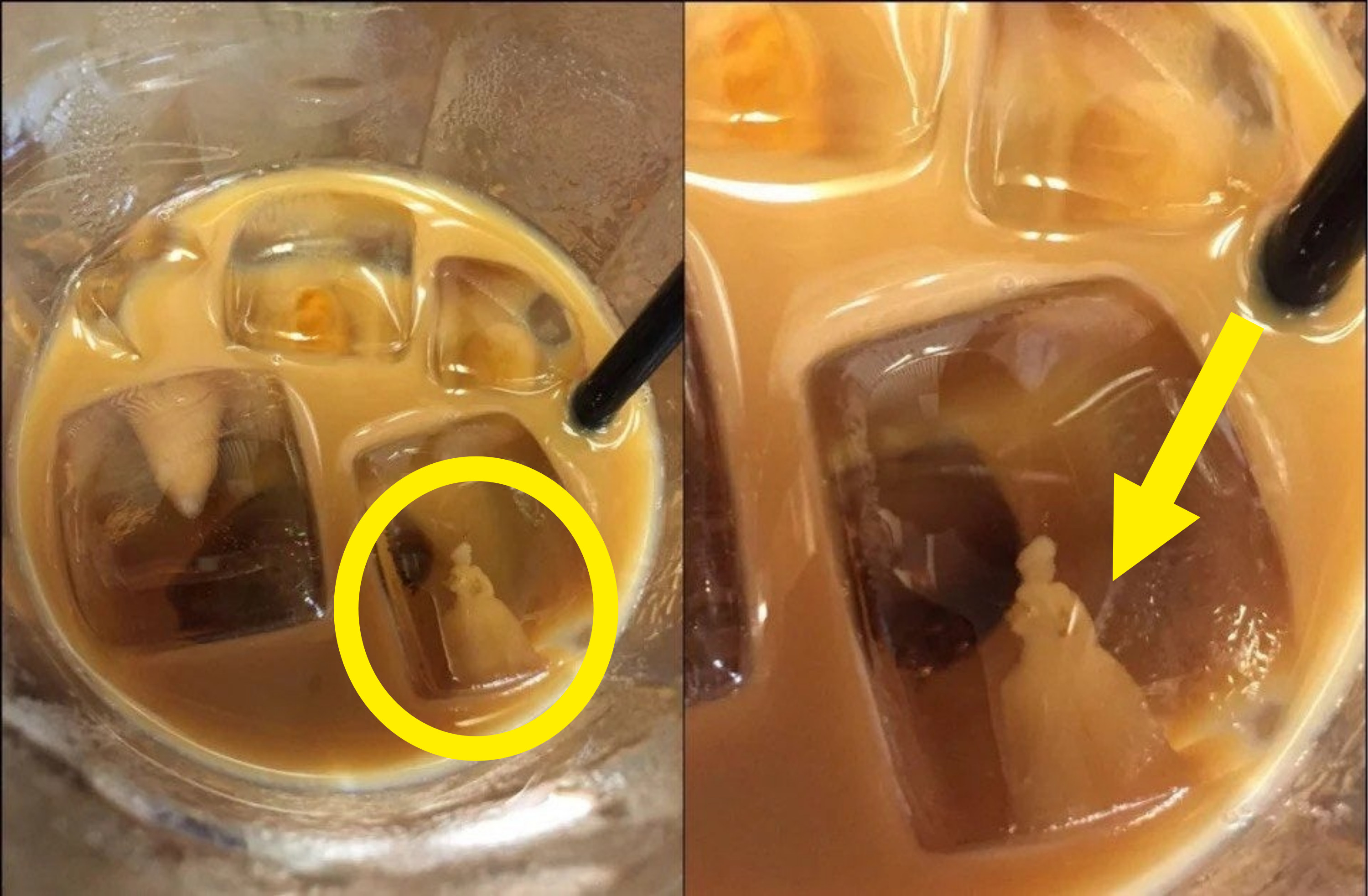 an iced coffee drink with ice cubes, and inside one of the cubes is the silhouette of a woman with a dress that looks like Ariel from the little mermaid