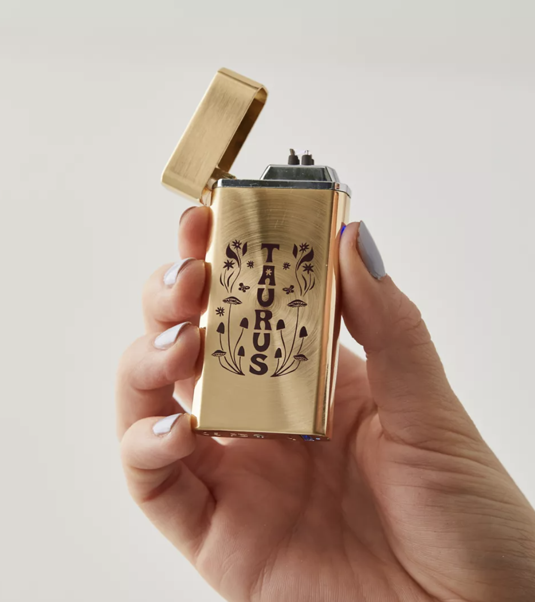 a hand holding the electric lighter up in front of a plain background