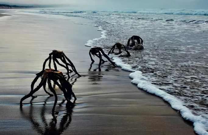 dried leaves upside down with what looks like LONG LEGS like they&#x27;re walking on a beach