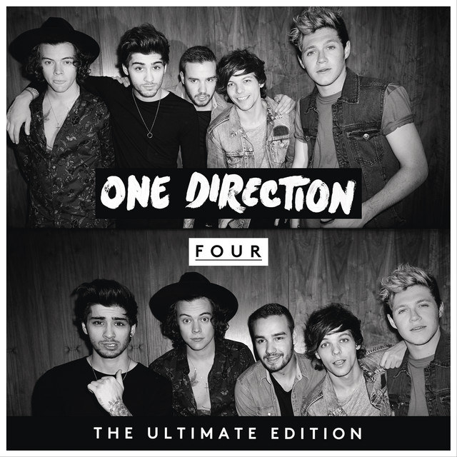 cover for &quot;Four&quot; which is two split images of the boys in black and white, all smiling in both