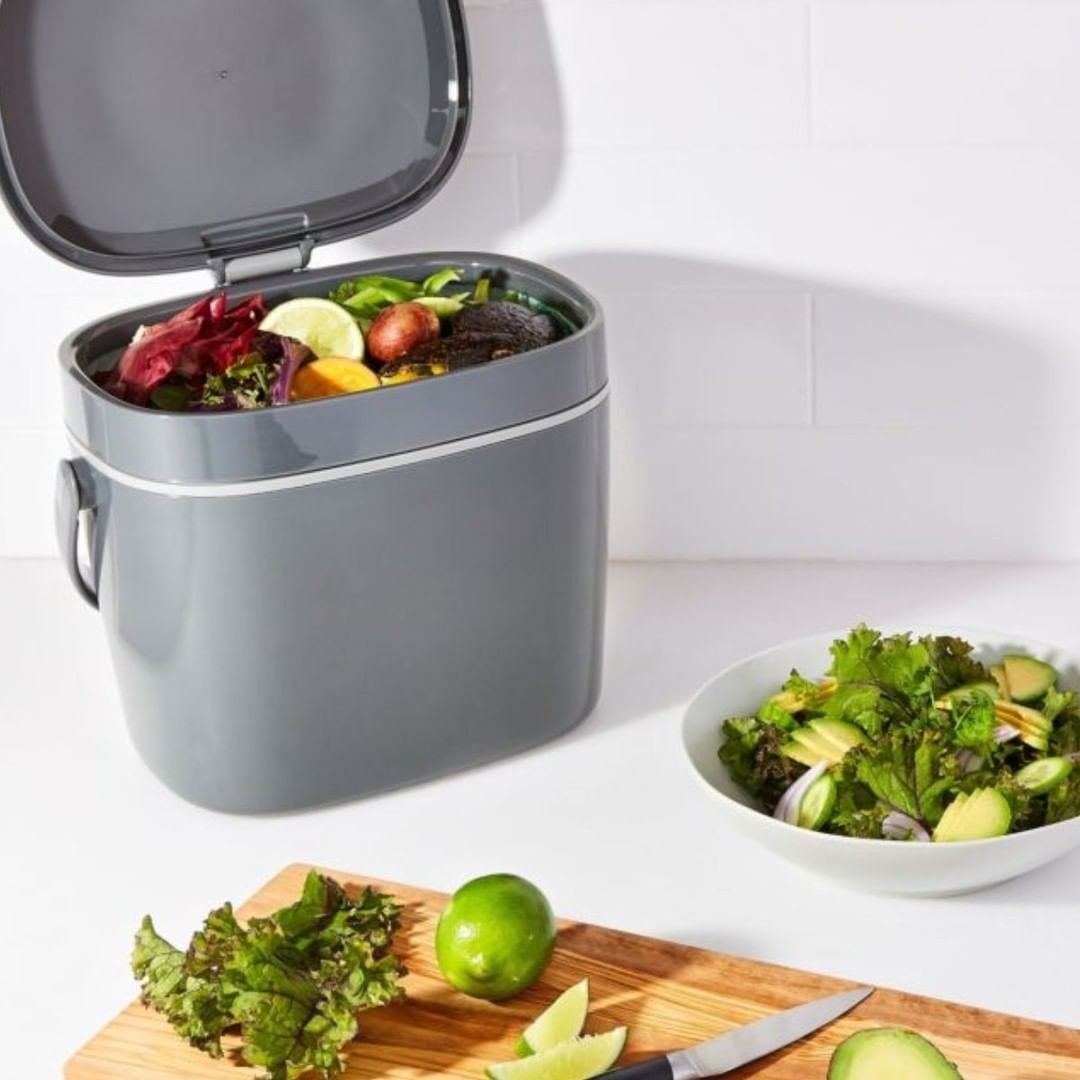 the pop-open compost bin filled with fresh veggie scraps