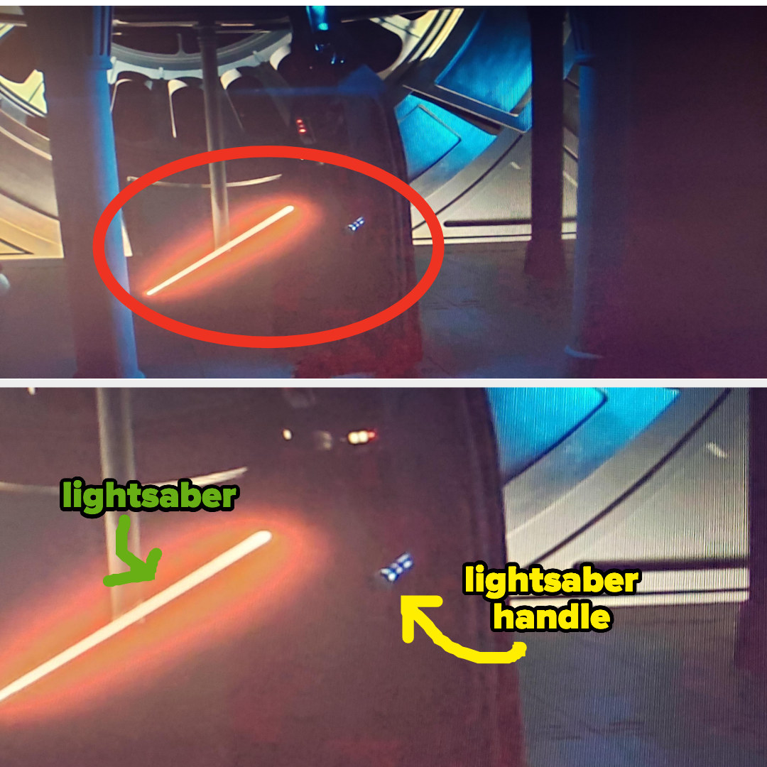 arrow pointing to the lightsaber handle disconnected from the lightsaber