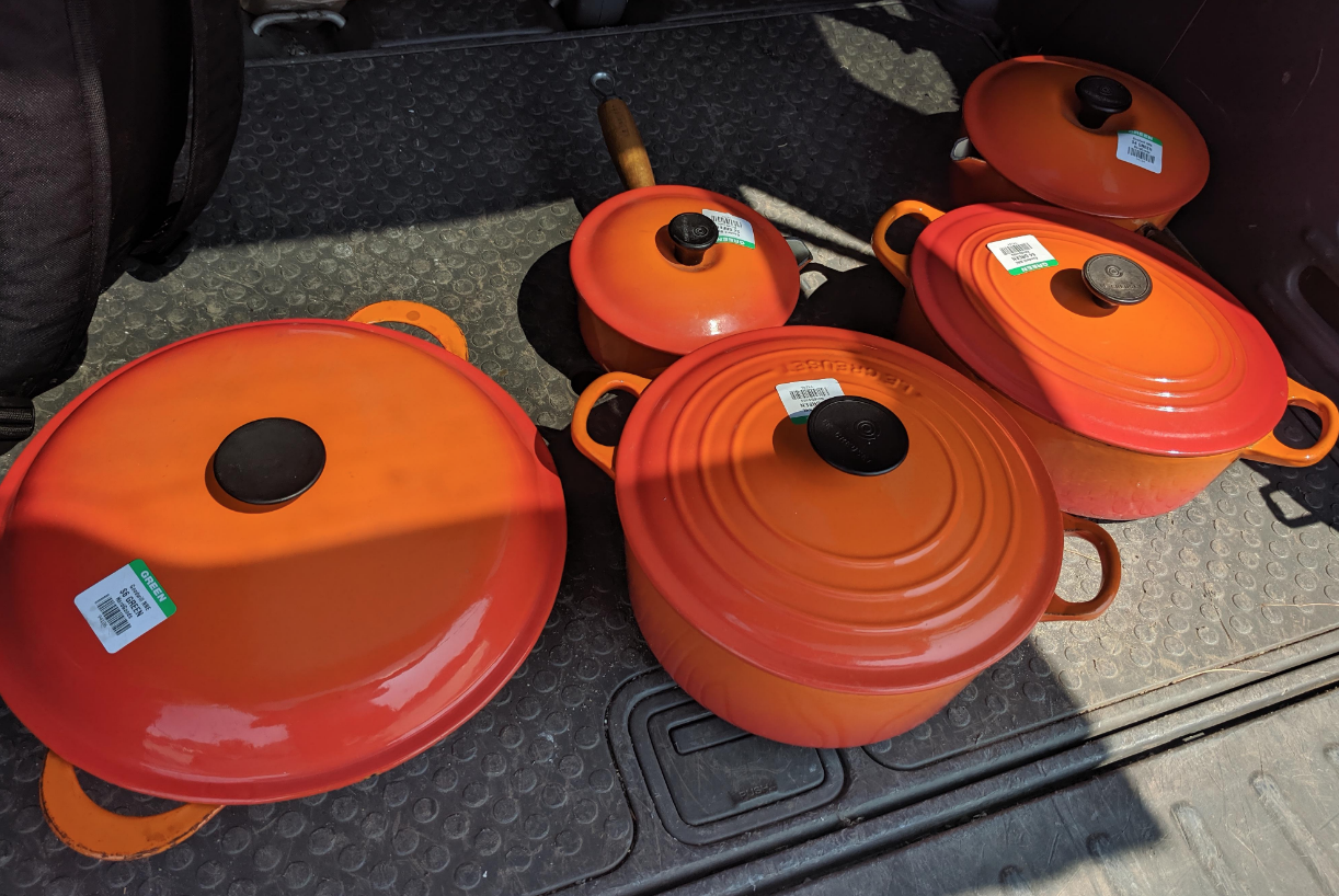 cookware in the back of a car