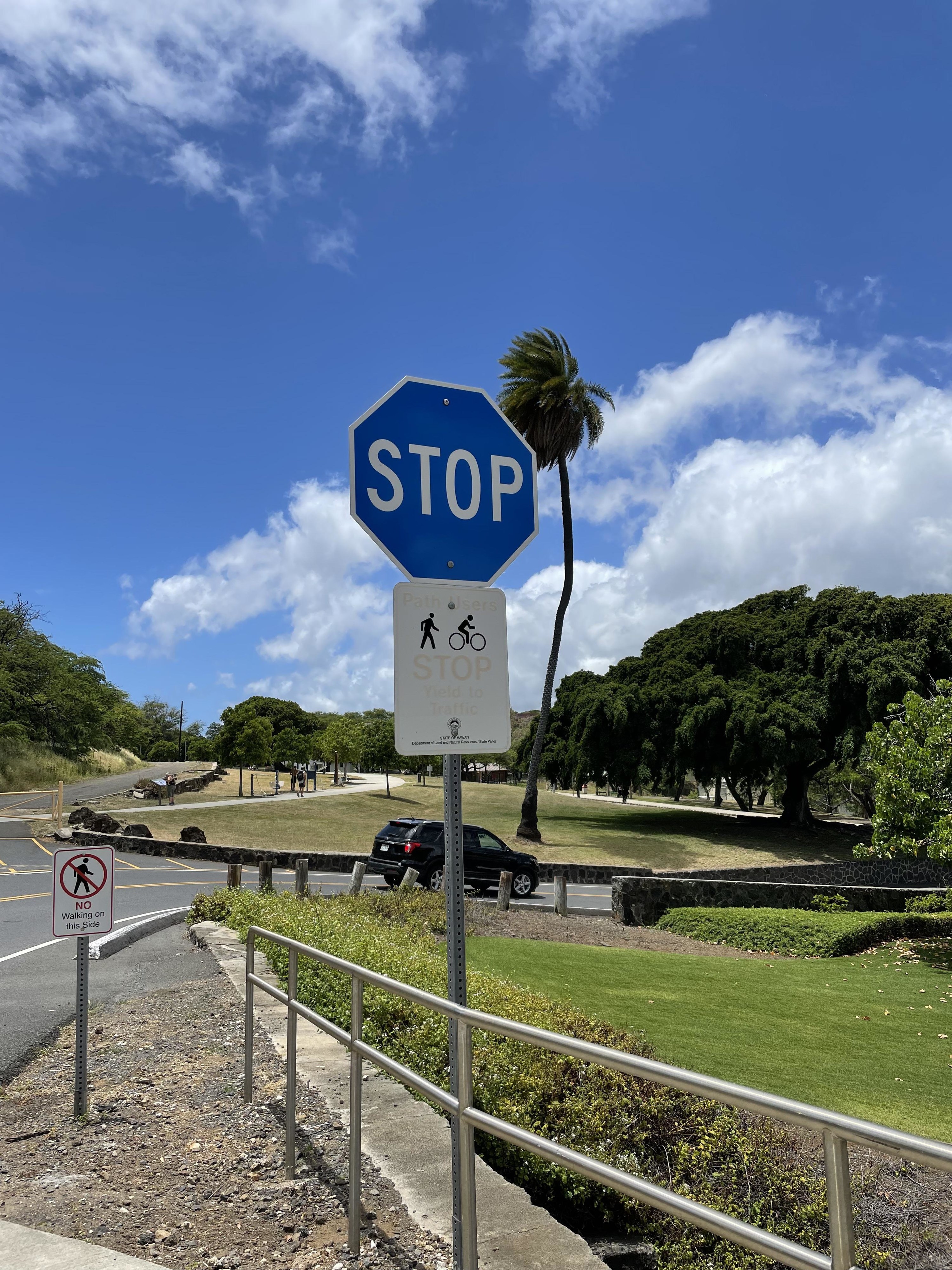 A blue stop sign