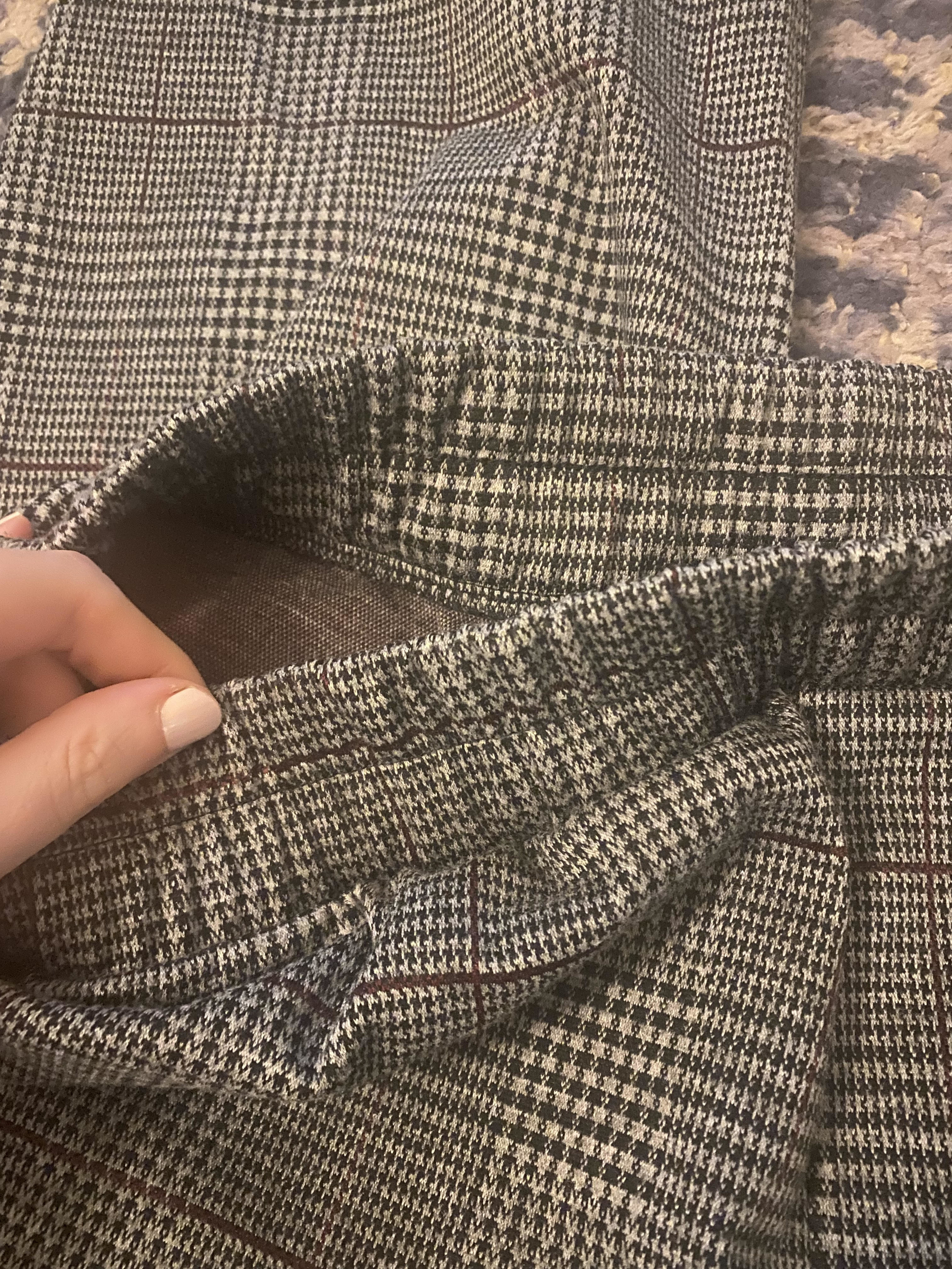 close up of plaid pants with stretchy waistband