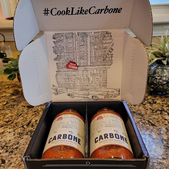 A reviewer's two jars of sauce in a well-packaged box