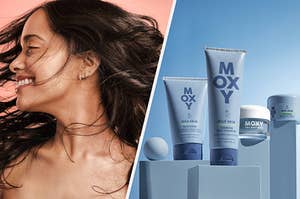 On the left is a woman flipping her hair and on the right is an array of Moxy products