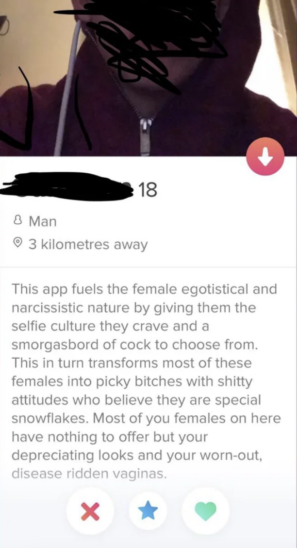This app fuels the female egotistical and narcissistic nature by giving them selfie culture and a smorgasbord of cock to choose from; most females on here having nothing to offer but depreciating looks and worn-out, disease ridden vaginas
