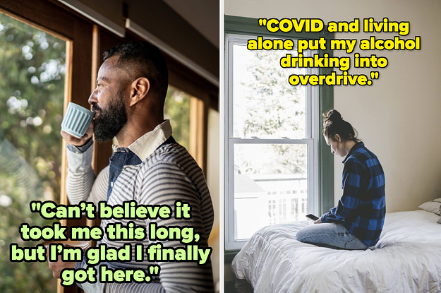 a person drinking coffee vs a woman in the bedroom looking at their phone