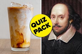 On the left, an iced coffee, and on the right, William Shakespeare with a badge that says quiz pack in the middle