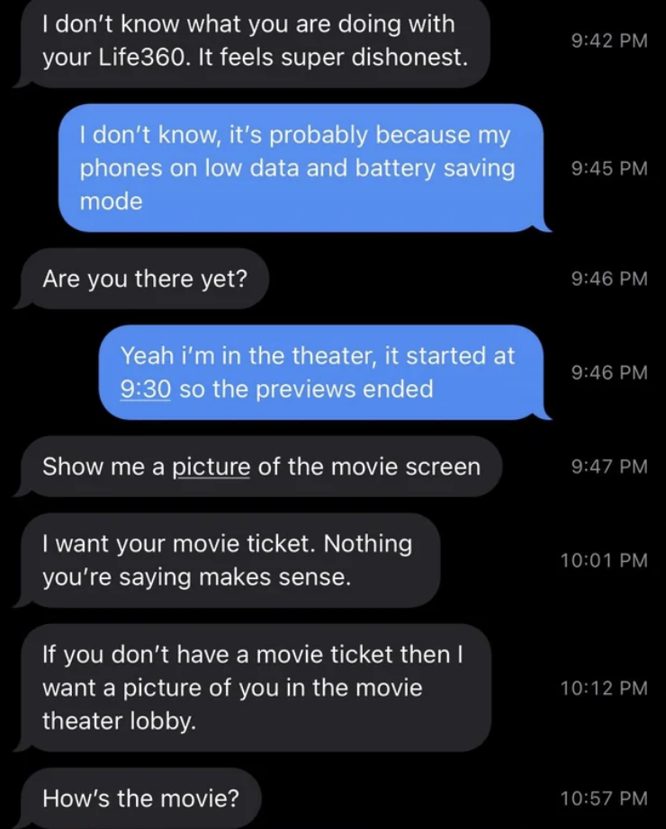 A parent asks if their child has gotten to the movie, the child says yes, and the parent asks for a picture of the movie screen or ticket