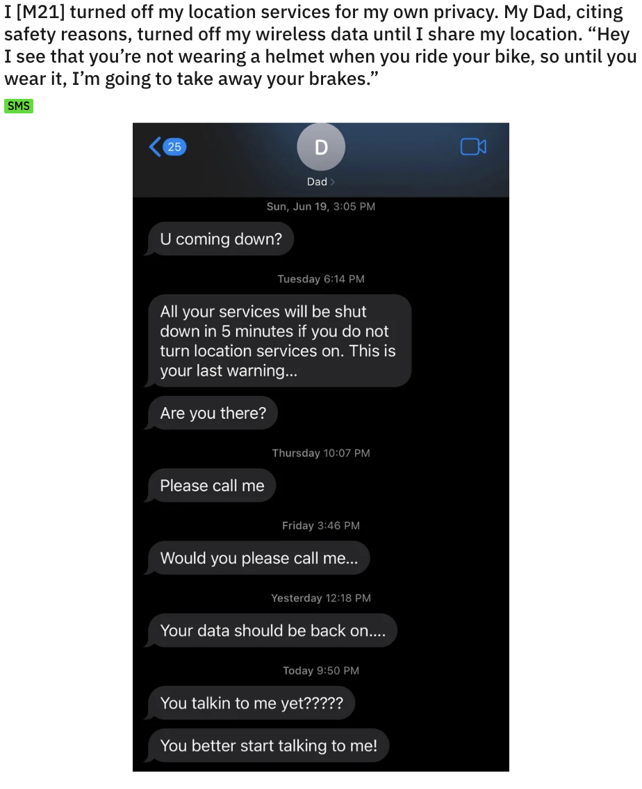 A text chain of the parent threatening to turn data off if location services aren&#x27;t turned on, then days later, asking the child to call back and then saying data is back on; the child never responds to any of the texts