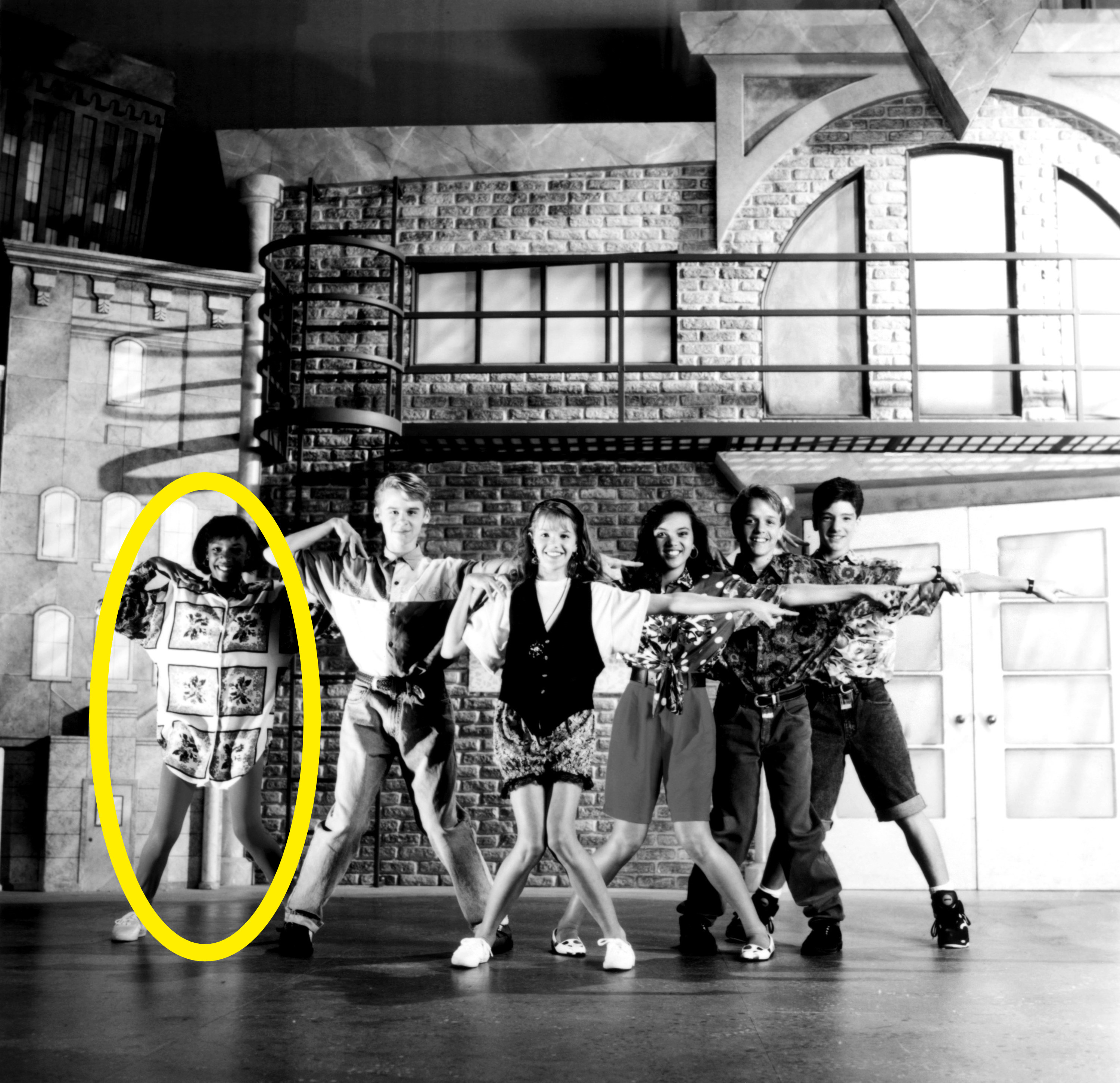 Rhona circled in an onstage scene from The All-New Mickey Mouse Club
