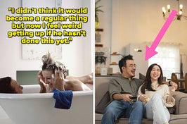 a couple taking a bath together vs a couple watching tv together