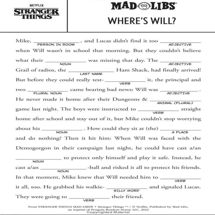 A page inside the Mad Libs book