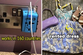 travel adapter plugged into a wall, bird print dress with purse and sandals