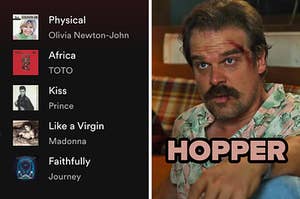 On the left, a '80s Spotify playlist, and on the right, Hopper from Stranger Things