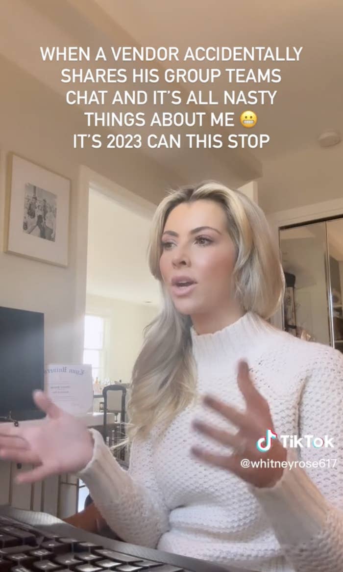A screengrab of a TikTok shows a woman sitting in front of a computer, with text above her head reading &quot;When a vendor accidentally shares his group teams chat and it&#x27;s all nasty things about me&quot; grimace emoji &quot;it&#x27;s 2023 can this stop&quot;