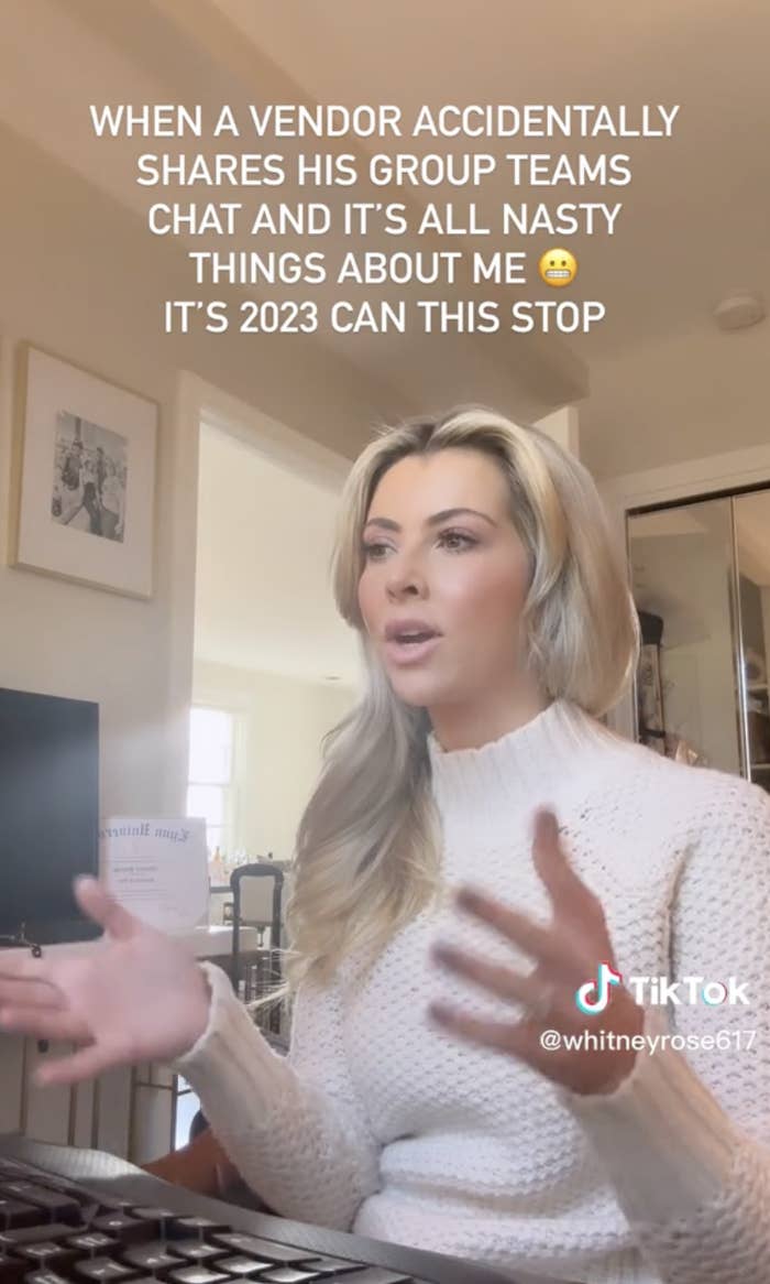 A screengrab of a TikTok shows a woman sitting in front of a computer, with text above her head reading "When a vendor accidentally shares his group teams chat and it's all nasty things about me" grimace emoji "it's 2023 can this stop"