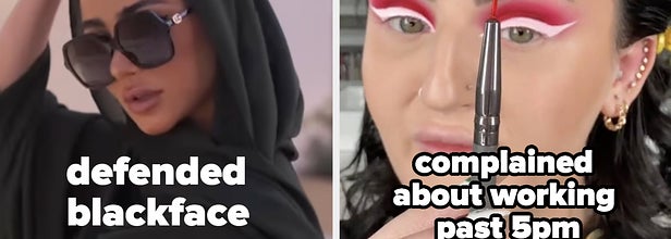One side is a woman wearing a headscarf and sunglasses with the caption "defended blackface", the other side is a makeup artist on TikTok with the caption "complained about working past 5pm"