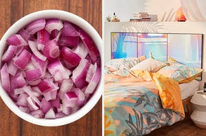On the left, a bowl of diced red onions, and on the right, a bed with an iridescent headboard
