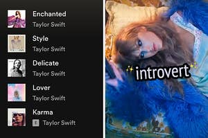 On the left, a Taylor Swift Spotify playlist, and on the right, Taylor Swift lying down on a bed in the Lavender Haze music video labeled introvert