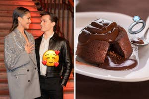 Tom and Zendaya gazing at each other with a heart smile emoji, and a chocolate lava cake with a wedding ring emoji