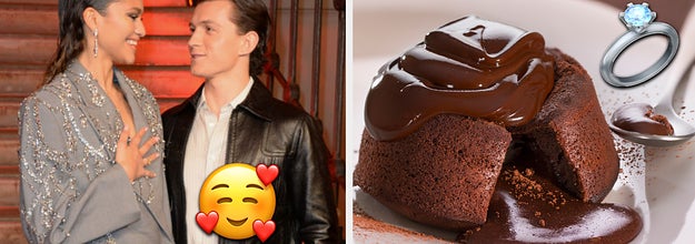 Tom and Zendaya gazing at each other with a heart smile emoji, and a chocolate lava cake with a wedding ring emoji