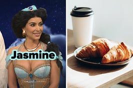 On the left, Kim Kardashian as Jasmine from Aladdin on SNL, and on the right, a to-go coffee and two croissants on a table
