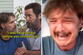 Nick Offerman and Murray Bartlett in The Last of Us and Pedro Pascal crying