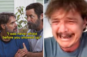 Nick Offerman and Murray Bartlett in The Last of Us and Pedro Pascal crying