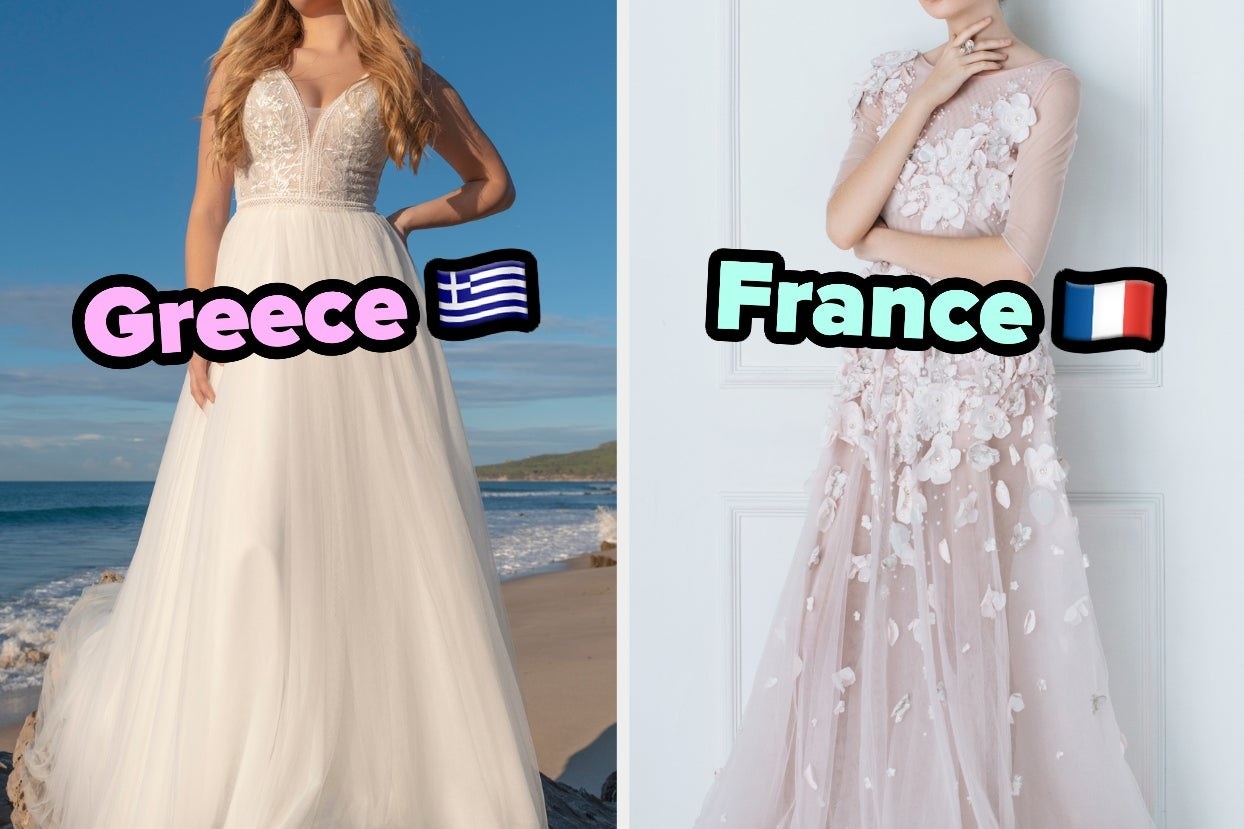 On the left, a flowing wedding gown labeled Greece, and on the right, a wedding gown with 3D flowers on it labeled France
