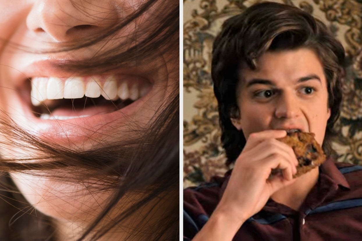 On the left, a closeup of someone laughing, and on the right, Steve from Stranger Things eating a piece of fried chicken